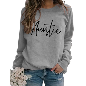 Close-up of gray crewneck sweatshirt with black Auntie script and heart print detail