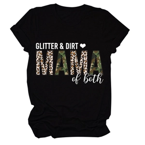Detail of GLITTER DIRT MAMA print with leopard and camo textures on black cotton T-shirt