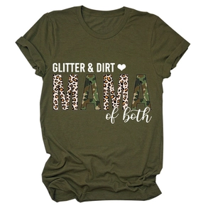Detail of GLITTER & DIRT MAMA print with leopard and camo patterns on olive green T-shirt