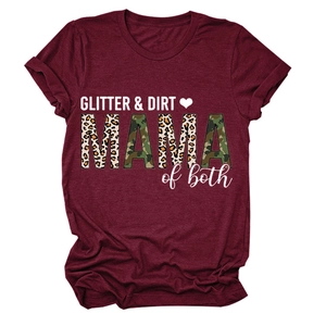 Detail of GLITTER & DIRT MAMA print on burgundy t-shirt with leopard and camo patterns