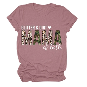 Close-up of GLITTER & DIRT MAMA print with leopard and camo patterns on pink cotton T-shirt