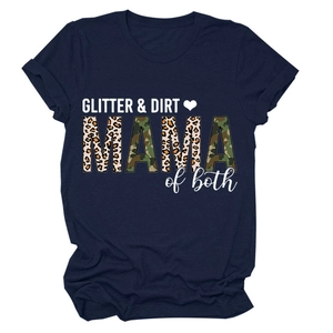 Detail of GLITTER & DIRT printed lettering and leopard pattern on navy cotton T-shirt