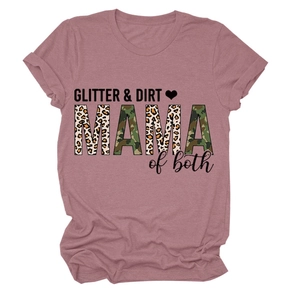 Detail of GLITTER DIRT print on dusty rose t-shirt with leopard MAMA text