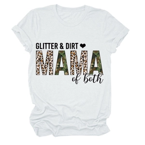 Close-up of white cotton T-shirt featuring Glitter & Dirt leopard print and camo graphic