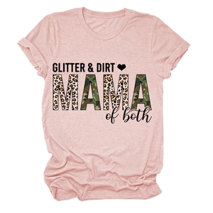 Detail of GLITTER & DIRT MAMA print with leopard and camo patterns on pink T-shirt