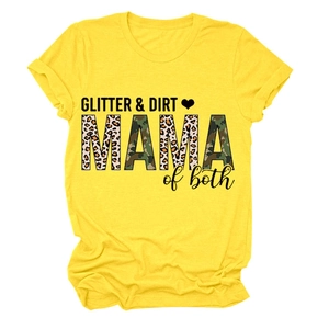 Detail of GLITTER & DIRT MAMA print with leopard and camo patterns on yellow t-shirt