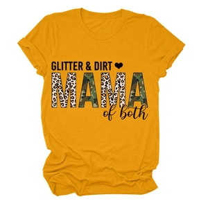 Detail of GLITTER & DIRT MAMA text with leopard and camo print on yellow t-shirt