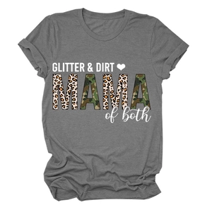 Close-up of GLITTER & DIRT MAMA print on dark grey round neck t-shirt flat lay
