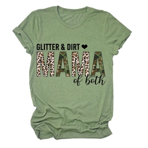 Detail of GLITTER & DIRT MAMA print with leopard and camo motifs on green cotton t-shirt