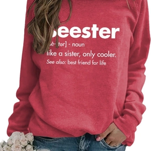 Women's casual red round neck sweatshirt with Seester letter print and loose fit style
