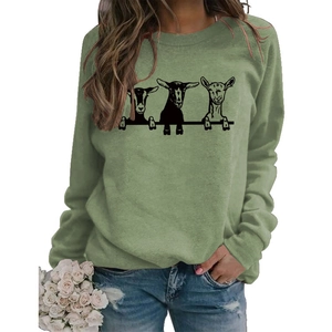 Sweat-shirt col rond vert olive avec motif chèvre mignon dessiné à la main pour femmes