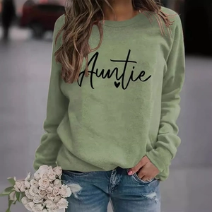 Relaxed fit sage green crewneck sweatshirt with black Auntie heart print for women