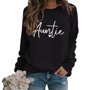 Classic black crewneck sweatshirt with white Auntie script and heart print for women