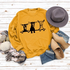 Mise à plat d'un sweat jaune moutarde avec motif chèvre et accessoires assortis