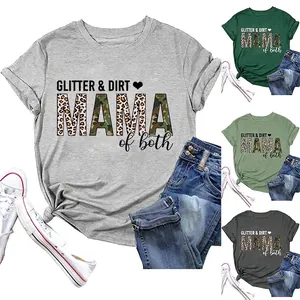 Women T-Shirt Glitter Dirt Mama Of Both Leopard Camo Print Short Sleeve Round Neck Casual Polyester Cotton Blend Top