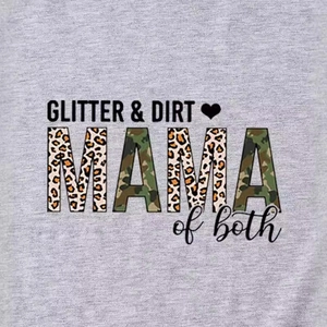 Grey round neck T-shirt featuring Glitter Dirt and Mama animal print graphic design
