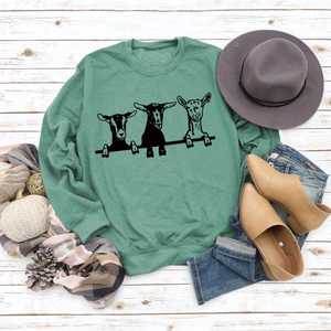 Vue à plat du sweat vert imprimé alpaga avec chapeau gris, jeans et accessoires d'automne