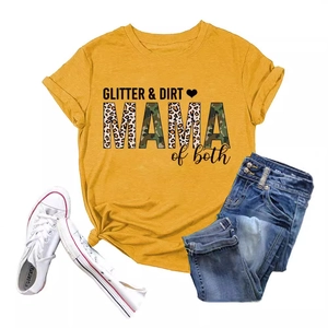 Mustard yellow T-shirt with GLITTER DIRT MAMA print paired with jeans and sneakers