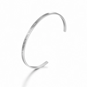 Stainless steel C-shaped cuff bracelet engraved with motivational quote in silver