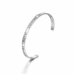Adjustable silver hollow cuff bracelet with engraved letters and brushed metal finish