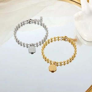 Bracciali a doppio strato di perline color oro e argento con ciondoli rotondi portafortuna