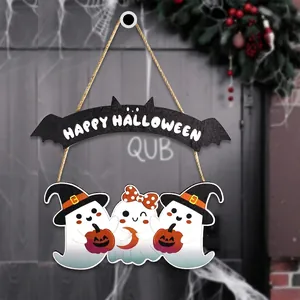 Wooden Happy Halloween door hanger featuring cute white ghosts with pumpkins and black bat sign