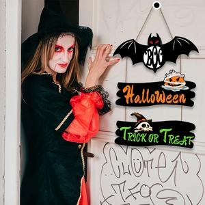 Three-tier Halloween wooden door hanger featuring bats, pumpkins and Trick or Treat signs