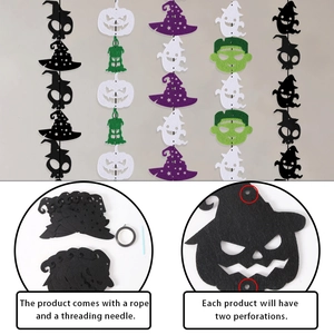 Detail of Halloween non-woven felt banner set with witch hats and pumpkin pendants