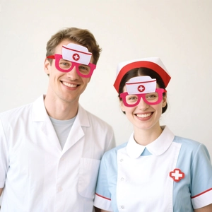 Nurse party headband with red glasses and white nurse hat for festive role-playing decor