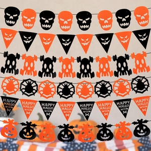 Detail of Halloween felt banners featuring spiders, skulls, pumpkins and festive patterns