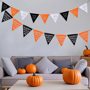 Detail of Happy Halloween felt banners with pumpkin and ghost patterns for home party deco