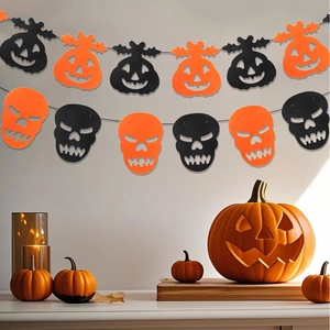 Detailed Halloween banner with black and orange skull and pumpkin felt garlands
