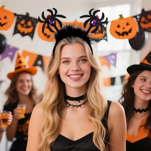 Halloween spider headband with black feathers and purple heart gems for party costumes