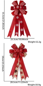 Detailed view of large Christmas bows with snowflake elk patterns and size dimensions