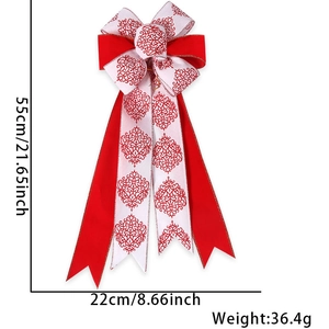 Detailed dimensions of the 55cm red and white Christmas bow with vintage scroll patterns