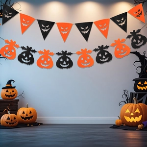 Halloween party bunting set with orange devil face flags and pumpkin garlands