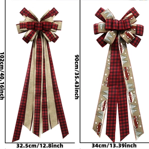 Detail view of large Christmas bows with red plaid and winter scenery truck prints