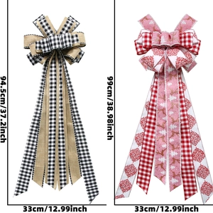 Detailed view of handmade Christmas tree bows with dimensions in rustic jute and plaid fabric