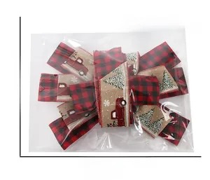 Detailed size view of red and black buffalo plaid Christmas tree topper bow, 34.5x25.5cm