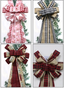 Detail of four rustic buffalo plaid and burlap Christmas tree topper bows with festive prints