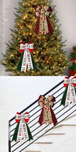 Close-up of Christmas bows in buffalo plaid and Merry Christmas ribbon on tree