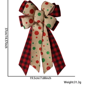 Detail of Christmas bow ornament with red plaid and beige linen sequins showing dimensions