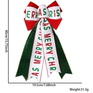 Detail showing red and green velvet Christmas bow with Merry Christmas ribbon and measurements