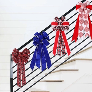 Large Christmas Tree Topper Bow Red Black Buffalo Plaid Snowflake Reindeer Pattern Polyester Fabric Decorative Bow For Holiday Decor