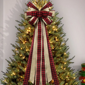 Red and black plaid Christmas tree topper bow with rustic burlap ribbons and long streamers
