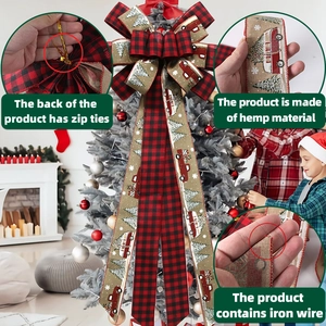 Christmas tree topper bow featuring red plaid and vintage truck burlap ribbon with wire edges