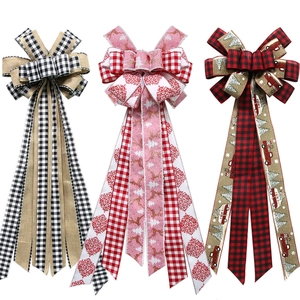 Three large Christmas bows in red black plaid and linen patterns for tree top decoration