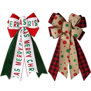 Linen Christmas bows for trees with Merry Christmas print and classic red black plaid details