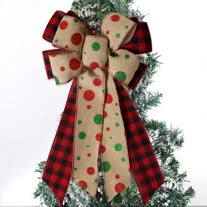 Christmas buffalo plaid double-layer bow with glitter dots for tree top decoration