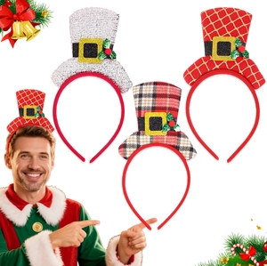 Detailed set of 3 Christmas mini top hat headbands with glitter and plaid patterns